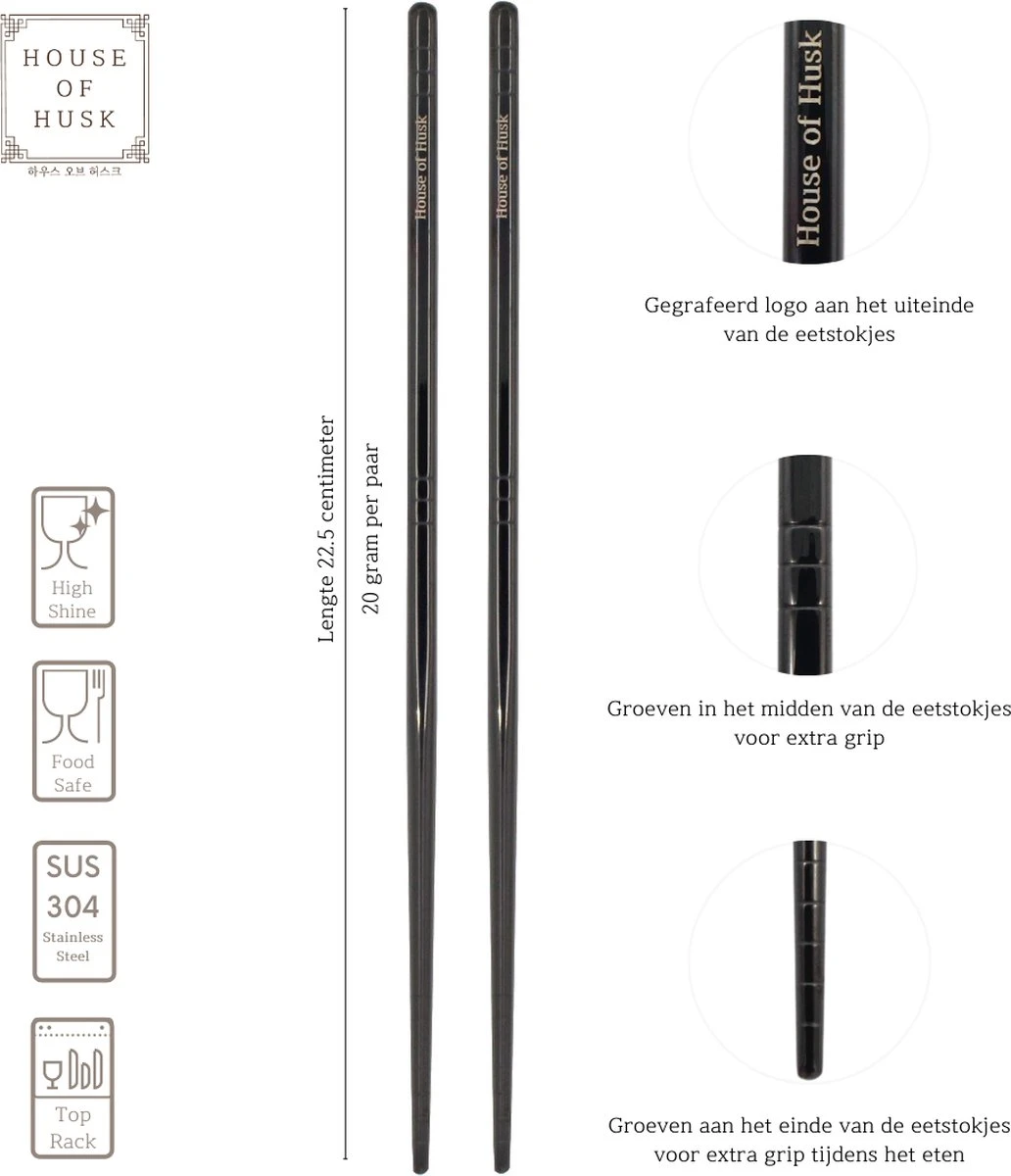 House Of Husk Chopsticks Set - Koreaanse Eetstokjes - Vaatwasserbestendig - RVS - 5 Paar - Zwart 4 House Of Husk Chopsticks Set - Koreaanse Eetstokjes - Vaatwasserbestendig - RVS - 5 Paar - Zwart - Afbeelding 2