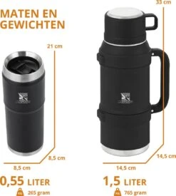 MacGyver RVS Thermoskan 1.5 Ltr – RVS Thermosbeker 0,55 Ltr - Langdurig Warm/koud - Zwart -Bestek Verkoop 1079x1200