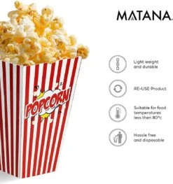 50 Duurzame Popcorn Bakjes (18x10cm) - Popcorn Zakjes Voor Filmavonden, Feestjes - Ook Geschickt Als Snoepbakje Of Feestzakje Voor Kinderen -Bestek Verkoop 1127x1200