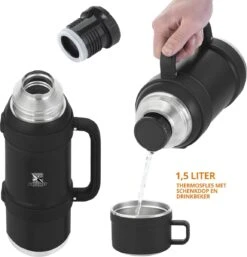 MacGyver RVS Thermoskan 1.5 Ltr – RVS Thermosbeker 0,55 Ltr - Langdurig Warm/koud - Zwart -Bestek Verkoop 1154x1200