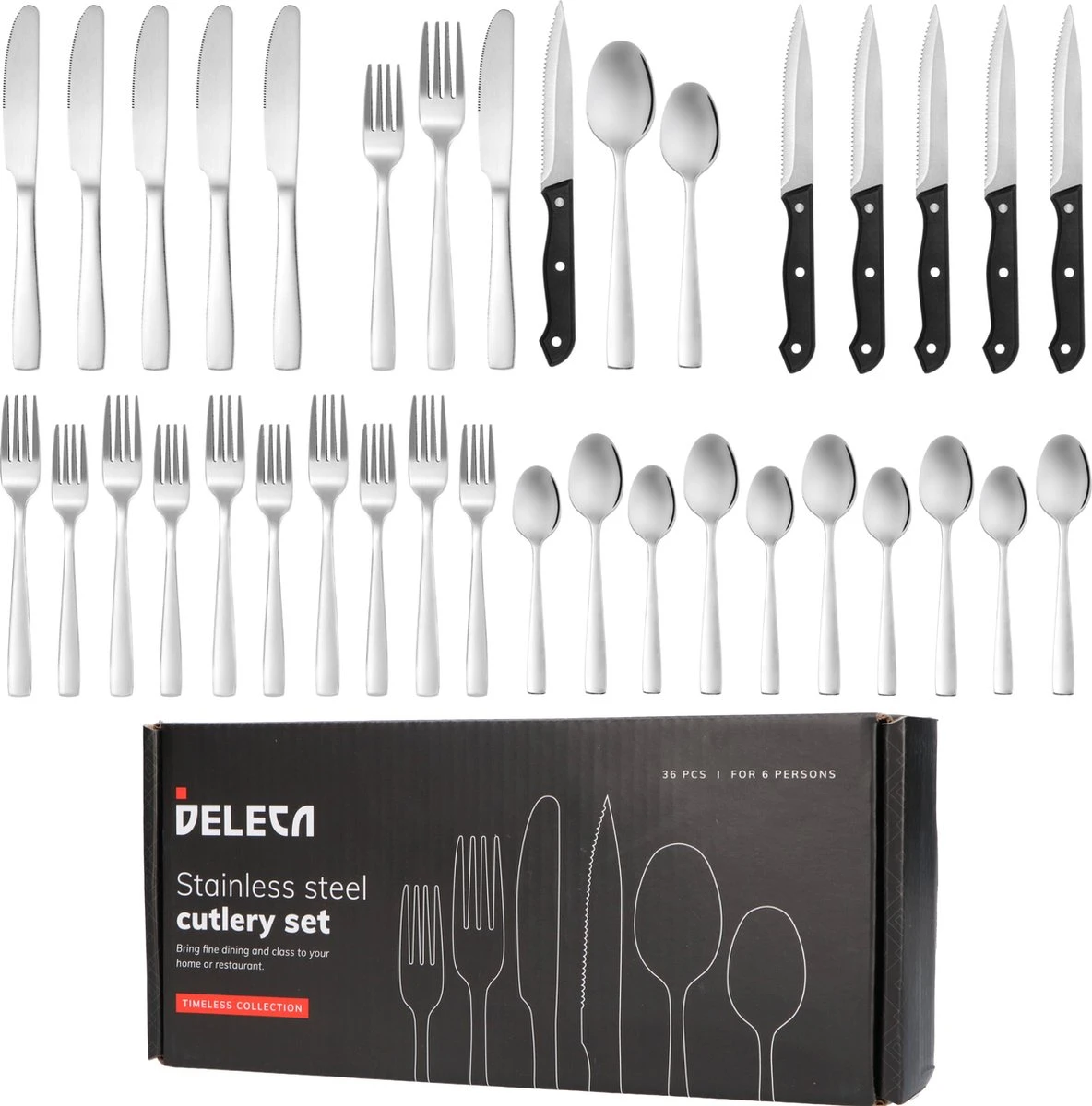 Deleca 6 Persoons Bestekset (36-delig) - Lepels, Messen, Vorken & Steakmessen - Vaatwasserbestendig - Zilver / RVS 3 Deleca 6 Persoons Bestekset (36-delig) - Lepels, Messen, Vorken & Steakmessen - Vaatwasserbestendig - Zilver / RVS