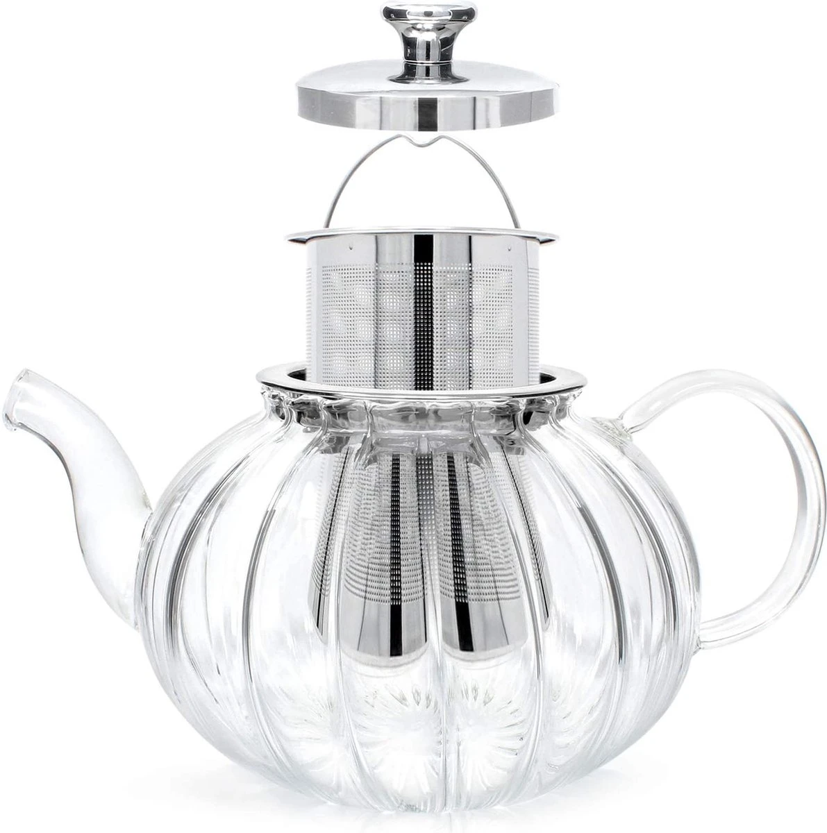 Glazen Theepot Met Filter (RVS) - 1.2 Liter - Pompoen Design - Thee Infuser – Borosilicaat – Anti-druppel Tuit 5 Glazen Theepot Met Filter (RVS) - 1.2 Liter - Pompoen Design - Thee Infuser – Borosilicaat – Anti-druppel Tuit - Afbeelding 3