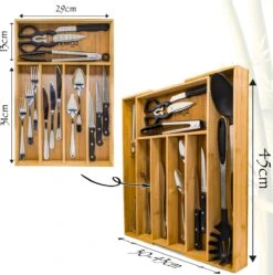 AWEMOZ Bestekbak – Bamboe Besteklade Uitschuifbaar – 5/7 Vakken - Bestekcassette - Bestekhouder Hout - Lade Organizer - Bestek Opbergen - 45 Cm Lang X 30-43 Cm Breed X 4 Cm Hoog -Bestek Verkoop 1192x1200 3