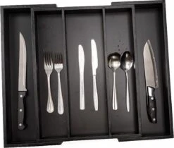 Merkloos Decopatent® Uitschuifbaar Bestekbak - Besteklade - 3 Vaks -> Uitschuifbaar Naar 5 Vakken - Bestekbakken Organizer - Bamboe - Zwart -Bestek Verkoop 1200x1018