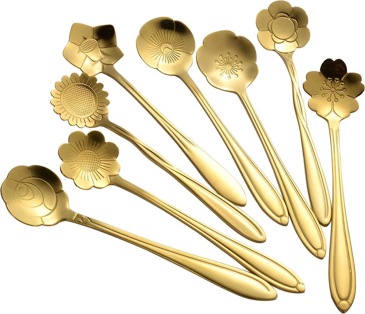 Fako Bijoux® - Bloemen Lepels Set - Theelepel / Koffielepel - 12cm - Goud - 8 Stuks 5 Fako Bijoux® - Bloemen Lepels Set - Theelepel / Koffielepel - 12cm - Goud - 8 Stuks - Afbeelding 3
