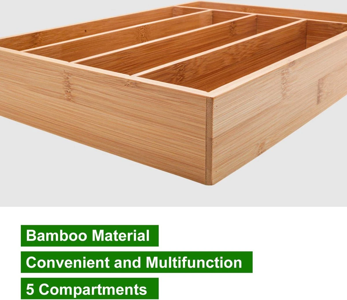 Merkloos Bamboehouten Bestekbak - 5 Compartimenten - 25 X 35 X 6 Cm. - Organizer - 5 Vaks 4 Merkloos Bamboehouten Bestekbak - 5 Compartimenten - 25 X 35 X 6 Cm. - Organizer - 5 Vaks - Afbeelding 2