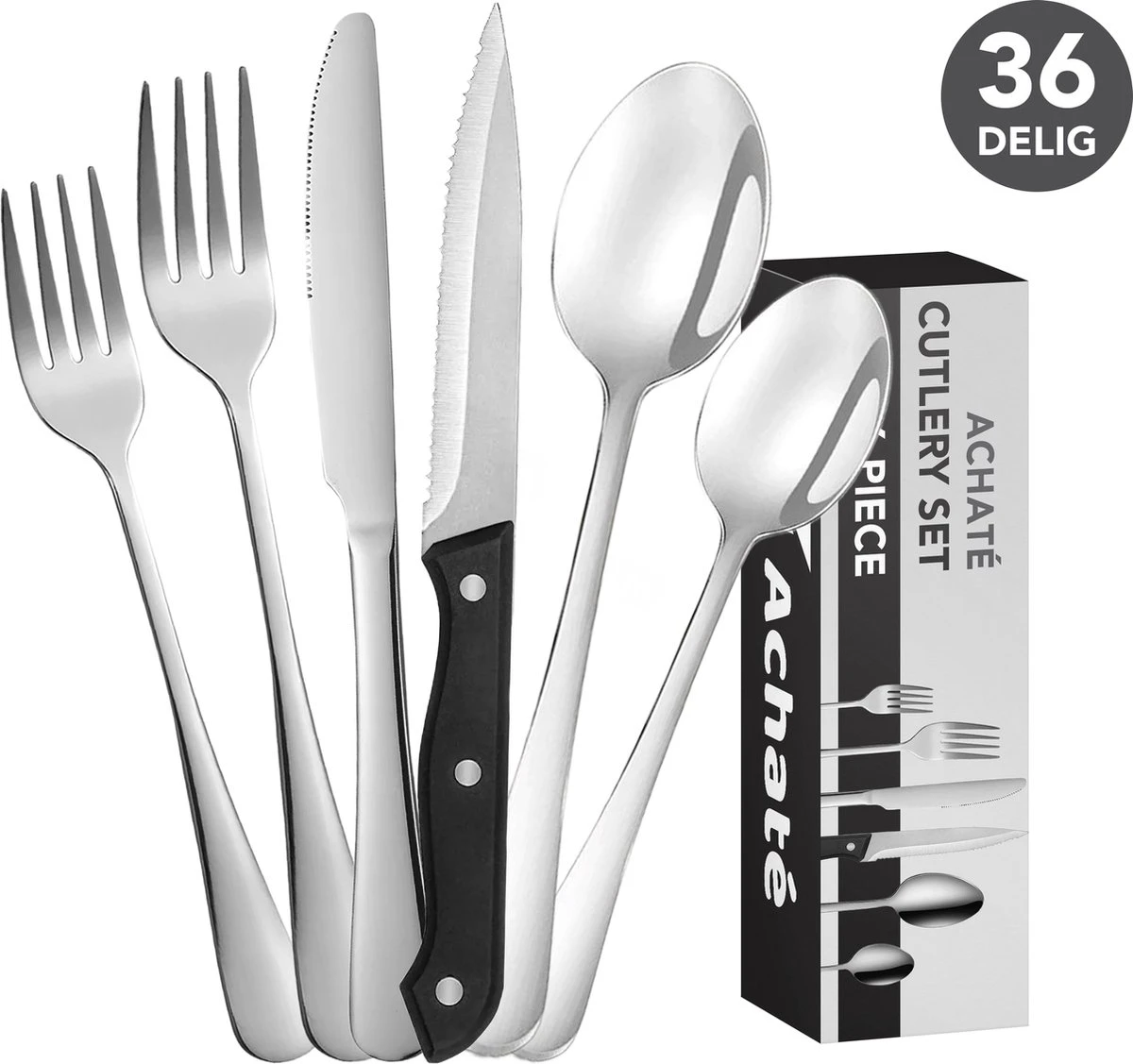 Achaté Bestekset 6 Persoons - 36-delig - RVS - Lepels, Messen, Vorken En Steakmessen - Hoogwaardige Kwaliteit - Vaatwasser Bestendig - Zilver 3 Achaté Bestekset 6 Persoons - 36-delig - RVS - Lepels, Messen, Vorken En Steakmessen - Hoogwaardige Kwaliteit - Vaatwasser Bestendig - Zilver