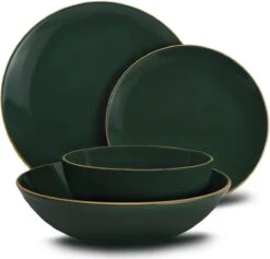 Keremika Serviesset 24 Delig 6 Persoons - Bordenset - Dinerborden - Aardewerk - Groen Met Goude Randen -Bestek Verkoop 1200x1149 2