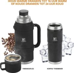 MacGyver RVS Thermoskan 1.5 Ltr – RVS Thermosbeker 0,55 Ltr - Langdurig Warm/koud - Zwart -Bestek Verkoop 1200x1180