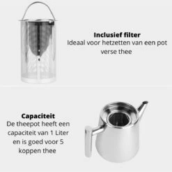 Castagnola Theepot Met Filter – Theekan – Theepot Dubbelwandig – Theepot Roestvrijstaal – Hoogwaardig RVS – 1 Liter – 5 Kopjes Thee – Zilver Glans -Bestek Verkoop 1200x1195 5