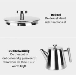 Castagnola Theepot Met Filter – Theekan – Theepot Dubbelwandig – Theepot Roestvrijstaal – Hoogwaardig RVS – 1 Liter – 5 Kopjes Thee – Zilver Glans -Bestek Verkoop 1200x1195 8