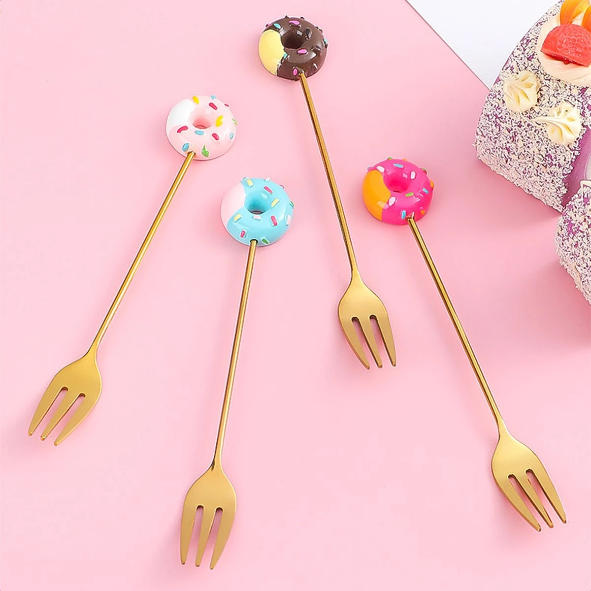 Gebaksvorkjes Donut Set Van 4 Taartvorkjes - Goud 7 Gebaksvorkjes Donut Set Van 4 Taartvorkjes - Goud - Afbeelding 5