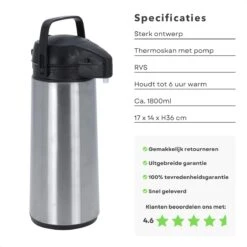 Cheqo® Thermos Pomp - 1.8L Roestvrij Staal - Isoleerkan Met Pomp - Thermoskan Met Pomp - Zwarte Dop & Handvat - Houdt 6 Uur Warm - 1800ml - Afmeting 17x14x36cm -Bestek Verkoop 1200x1200 5