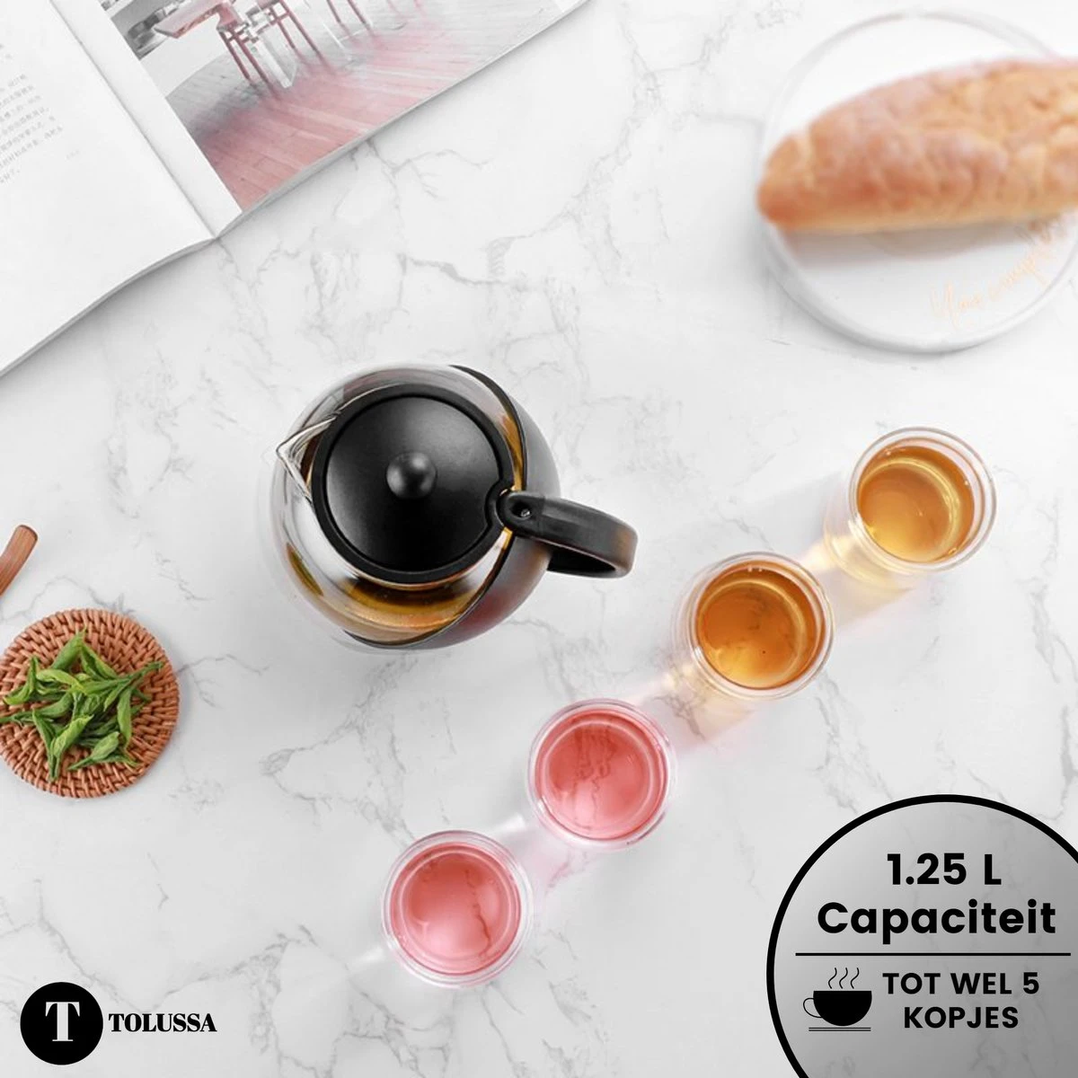 Tolussa Premium Theepot Glas Met Filter - 1.25L - Zwart - Isolerend - Lekt Niet 10 Tolussa Premium Theepot Glas Met Filter - 1.25L - Zwart - Isolerend - Lekt Niet - Afbeelding 8