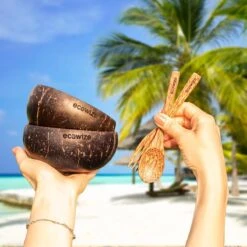 Ecowize Coconut Bowls (Set Van 3) - Kokosnoot Kom & Schaal - Met 3 Lepels, 3 Vorken En 8 Bamboe Rietjes - Zero Waste & Herbruikbaar - Duurzaam Cadeau -Bestek Verkoop 1200x1200 705