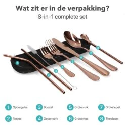 Damster Reisbestek - Verbeterde Versie - Meeneem Bestek Rvs - Reis Bestekset To Go - Incl. Herbruikbare Rietjes - Eenpersoons - Achtdelig - Roodgoud -Bestek Verkoop 1200x1200 823
