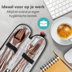 Damster Reisbestek - Verbeterde Versie - Meeneem Bestek Rvs - Reis Bestekset To Go - Incl. Herbruikbare Rietjes - Eenpersoons - Achtdelig - Roodgoud -Bestek Verkoop 1200x1200 824