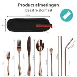 Damster Reisbestek - Verbeterde Versie - Meeneem Bestek Rvs - Reis Bestekset To Go - Incl. Herbruikbare Rietjes - Eenpersoons - Achtdelig - Roodgoud -Bestek Verkoop 1200x1200 826