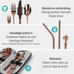 Damster Reisbestek - Verbeterde Versie - Meeneem Bestek Rvs - Reis Bestekset To Go - Incl. Herbruikbare Rietjes - Eenpersoons - Achtdelig - Roodgoud -Bestek Verkoop 1200x1200 827