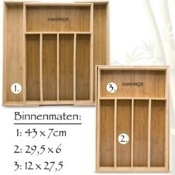 AWEMOZ Bestekbak – Bamboe Besteklade Uitschuifbaar – 5/7 Vakken - Bestekcassette - Bestekhouder Hout - Lade Organizer - Bestek Opbergen - 45 Cm Lang X 30-43 Cm Breed X 4 Cm Hoog -Bestek Verkoop 1200x1200 831