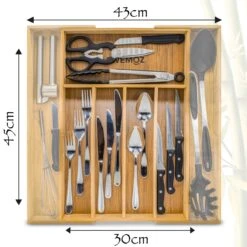 AWEMOZ Bestekbak – Bamboe Besteklade Uitschuifbaar – 5/7 Vakken - Bestekcassette - Bestekhouder Hout - Lade Organizer - Bestek Opbergen - 45 Cm Lang X 30-43 Cm Breed X 4 Cm Hoog -Bestek Verkoop 1200x1200 832