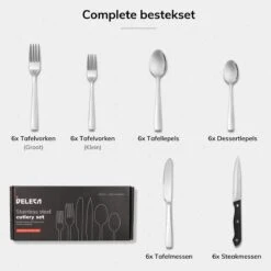Deleca 6 Persoons Bestekset (36-delig) - Lepels, Messen, Vorken & Steakmessen - Vaatwasserbestendig - Zilver / RVS 21 Deleca 6 Persoons Bestekset (36-delig) - Lepels, Messen, Vorken & Steakmessen - Vaatwasserbestendig - Zilver / RVS -Bestek Verkoop 1200x1200 907