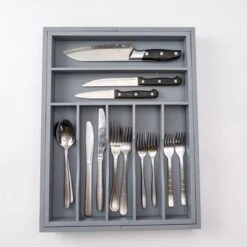 Merkloos Decopatent® Uitschuifbaar Bestekbak - Besteklade - 7 Vaks -> Uitschuifbaar Naar 9 Vakken - Bestekbakken Organizer - Bamboe - Grijs -Bestek Verkoop 1200x1200 985