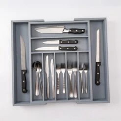 Merkloos Decopatent® Uitschuifbaar Bestekbak - Besteklade - 7 Vaks -> Uitschuifbaar Naar 9 Vakken - Bestekbakken Organizer - Bamboe - Grijs -Bestek Verkoop 1200x1200 986