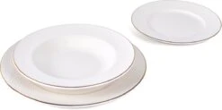 LeRijn® Serviesset Deventer 6 Persoons - 18 Delig - Licht Crème Wit Met Gouden Rand En Motief - Dinerborden - Soepborden - Dessertborden - Borden Servies - Bordenset -Bestek Verkoop 1200x598