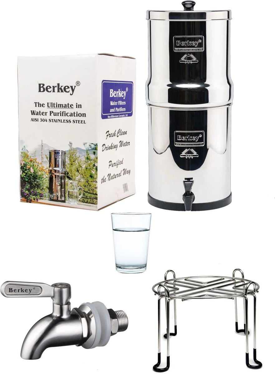 Big Berkey Set: Waterfilter 8,5L + RVS Kraantje + Standaard 3 Big Berkey Set: Waterfilter 8,5L + RVS Kraantje + Standaard